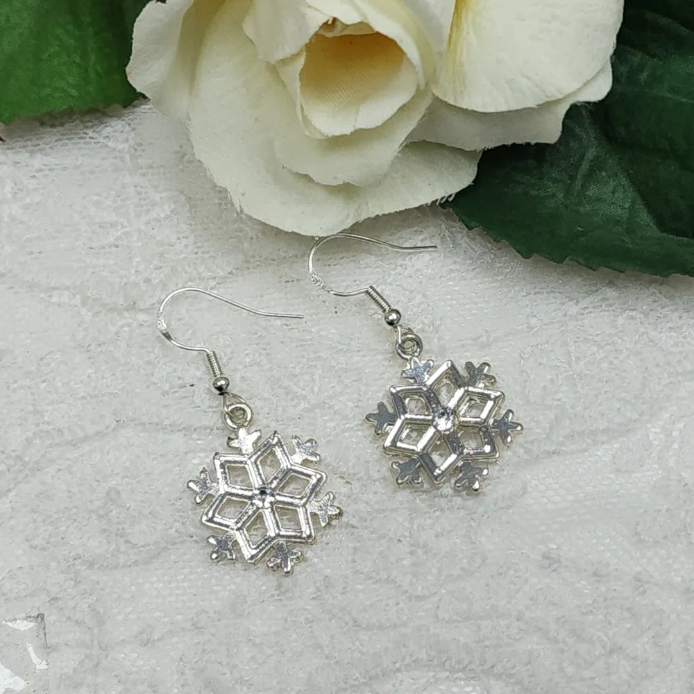 Elegant Silver Toned Dangle Drop Snowflake Hook Earrings
